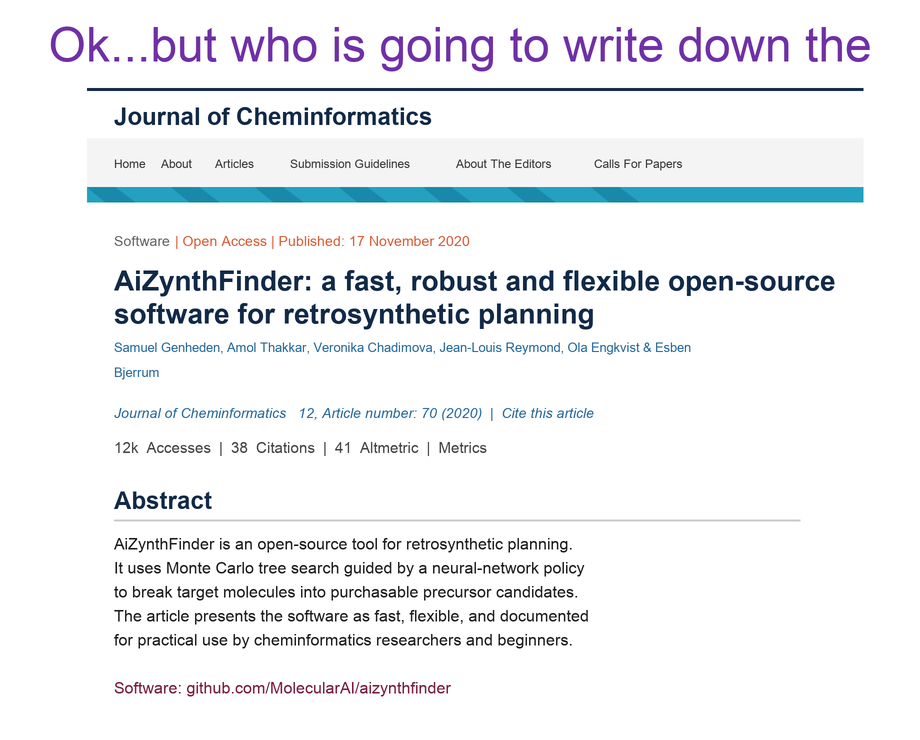 Slide showing the AiZynthFinder retrosynthetic planning article in the Journal of Cheminformatics