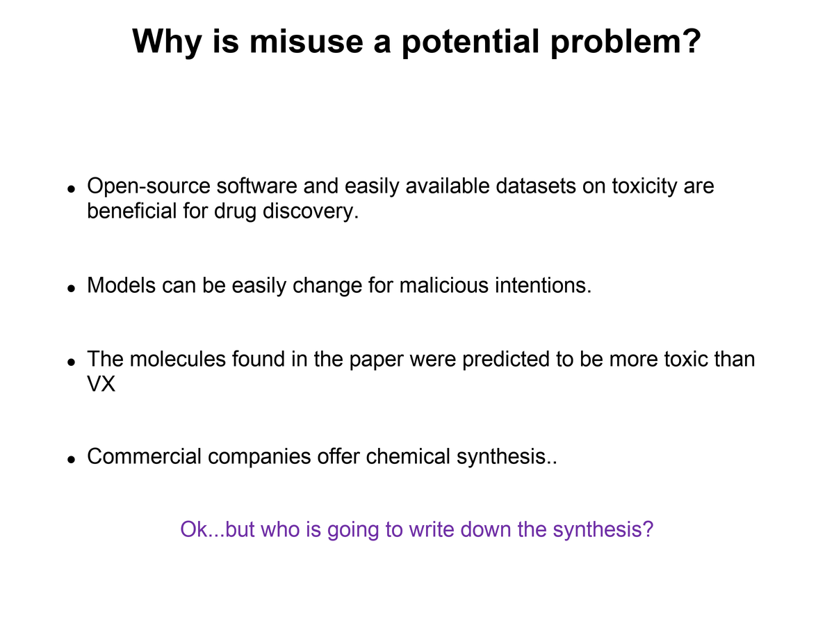 Slide titled Why is misuse a potential problem with bullets about open-source software, toxicity data, model misuse, and chemical synthesis
